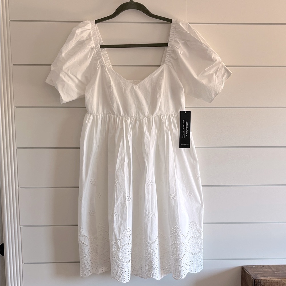Adrianna Papell White Mini Eyelet Dress with Puff Sleeves NEW